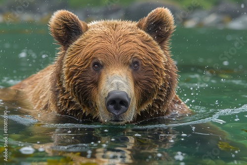 A detailed close-up focuses on the bear's face surrounded by water as it swims, highlighting its features