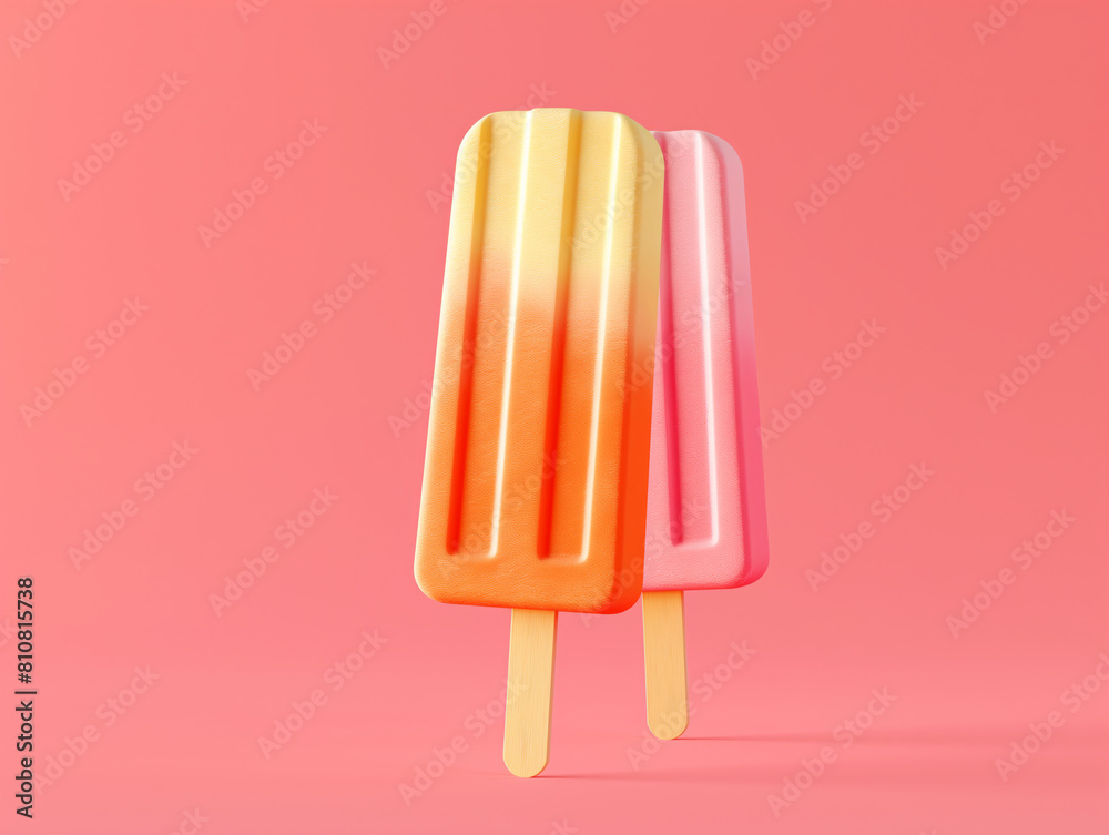 Array of orange and yellow striped popsicles on a soft pink background. Summer refreshment and joyful treats concept. Design for dessert menu, food blog, and advertising campaign. Dynamic composition Array of orange and yellow striped popsicles on a soft pink background. Summer refreshment and joyful treats concept. Design for dessert menu, food blog, and advertising campaign. Dynamic composition