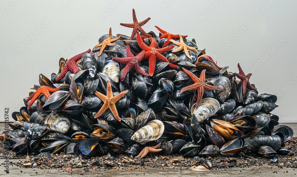 A long pile of mussels with several starfish at the end