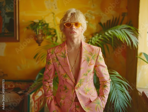 A sophisticated portrait of a fashionable woman in a pink suit with tropical plants, exuding retro and chic vibes