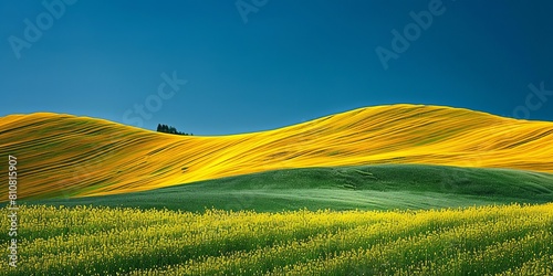 Dynamic contrast of vivid yellow rapeseed fields against rich green grass under a deep blue sky,
