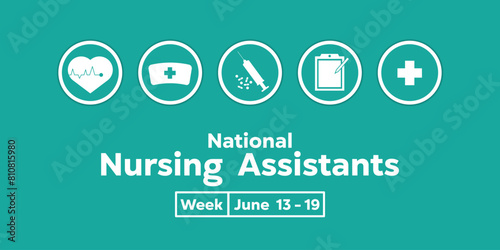 National Nursing Assistant Week. Heart, nurse hat, syringe, note and plus icon. Great for cards, banners, posters, social media and more. Light blue background.