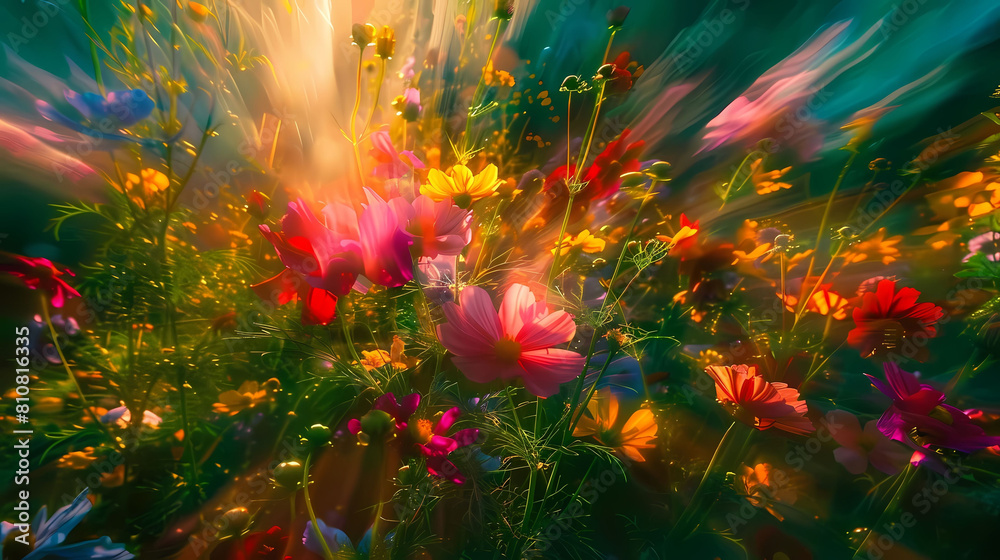 abstract light amidst flower gardens featuring red, pink, and purple blooms