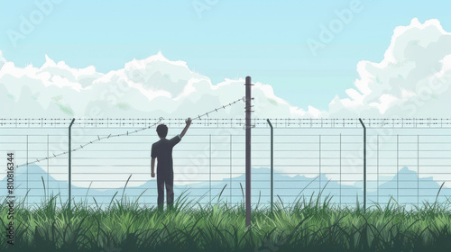 Man touching an electric fence with nature background © standret