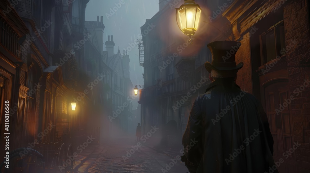 Naklejka premium Victorian detective in a foggy London street