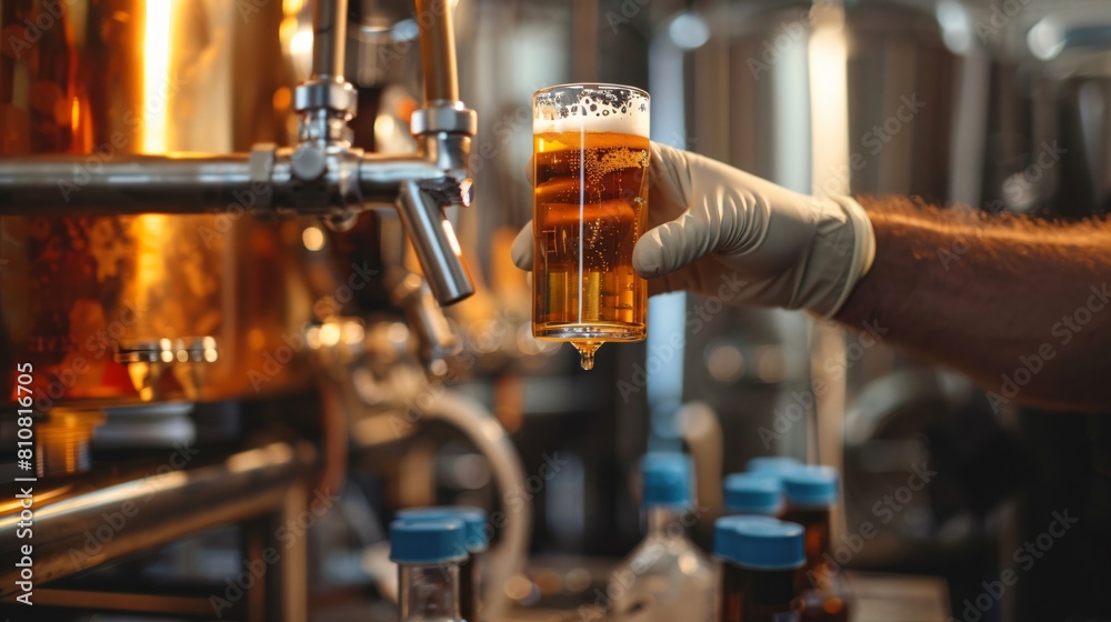 Front shot of a brewer taking a sample of beer for quality testing with lab equipment in the background Front shot of a brewer taking a sample of beer for quality testing with lab equipment in the background