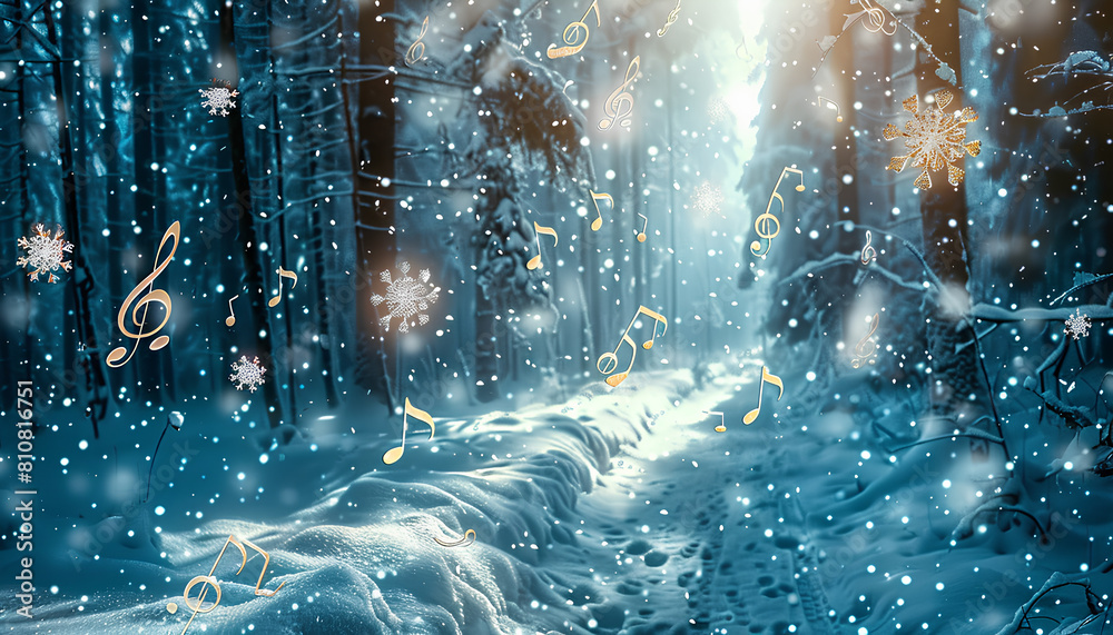 Treble clef and spinning staff with musical notes against the backdrop of snowfall in the forest Treble clef and spinning staff with musical notes against the backdrop of snowfall in the forest