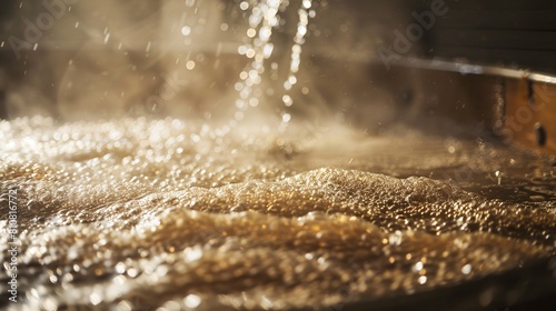 Front shot of hot water being mixed with crushed malt in the mash tun