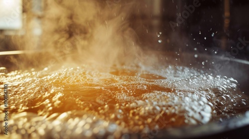 Front shot of hot water being mixed with crushed malt in the mash tun