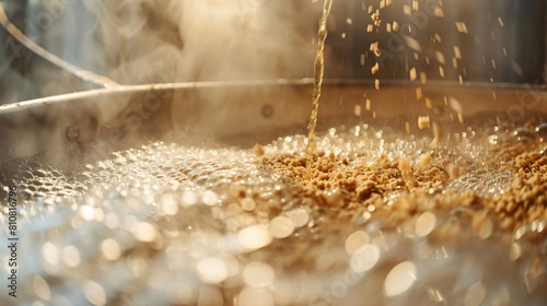 Front shot of hot water being mixed with crushed malt in the mash tun