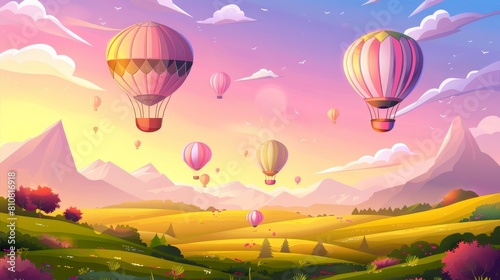Scenery landscape background view, aerial travel, hot air balloons above green fields and mountain peaks in pink morning sky. Cartoon illustration.