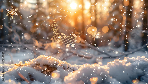 Treble clef and spinning staff with musical notes against the backdrop of snowfall in the forest