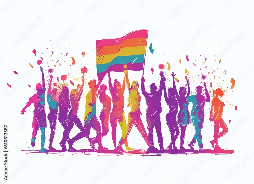 A vibrant illustration depicting a joyful crowd carrying a rainbow pride flag, symbolizing LGBTQ+ awareness and festivities A vibrant illustration depicting a joyful crowd carrying a rainbow pride flag, symbolizing LGBTQ+ awareness and festivities