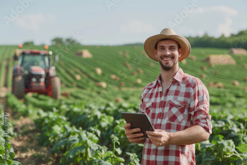 Smiling farmer with tablet standing in sunlit crop field