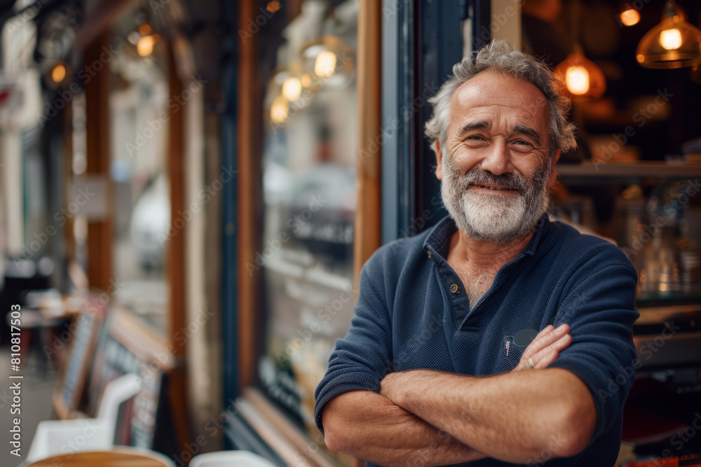 Smiling middle-aged man enjoying morning at urban cafe