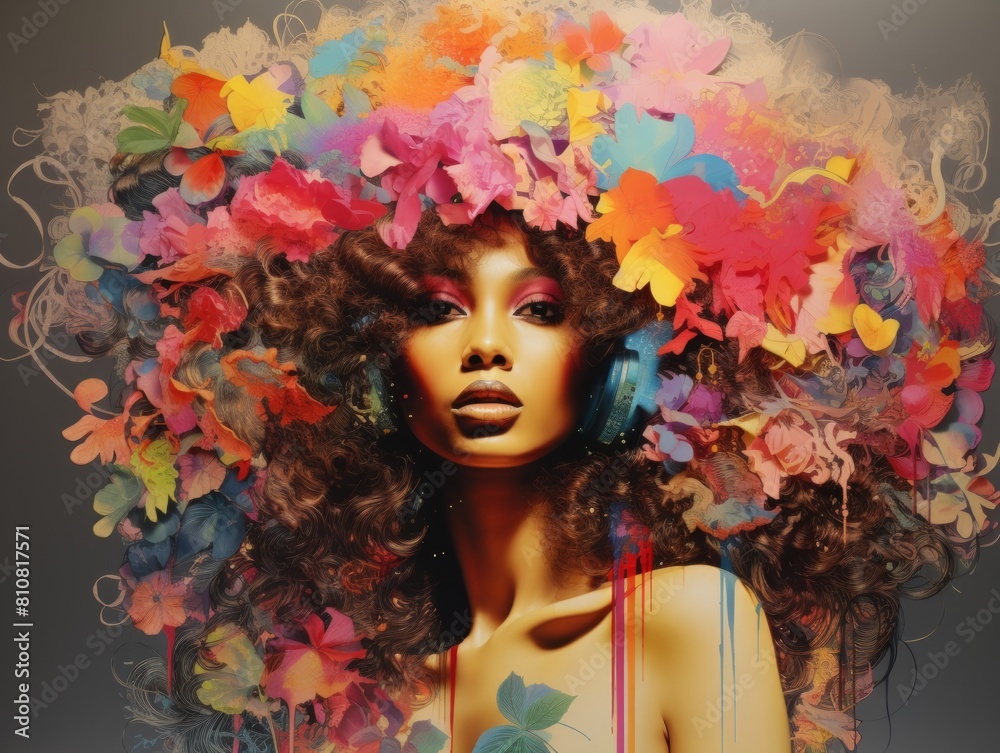 Colorful and creative portrait of a woman with feathers and headphones