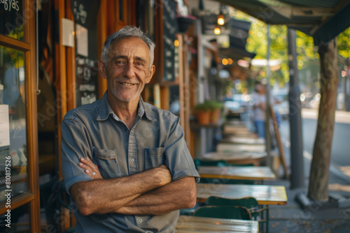 Confident middle-aged man smiling in a cozy café setting