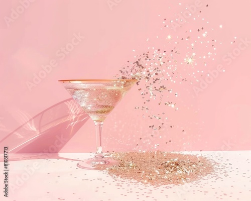 A striking image of a champagne glass spilling gold glitter on a soft pink surface creating a sense of celebration