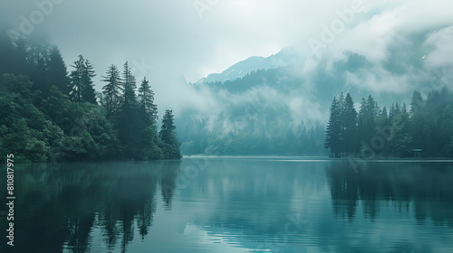 Misty mountain landscape with serene lake and forest