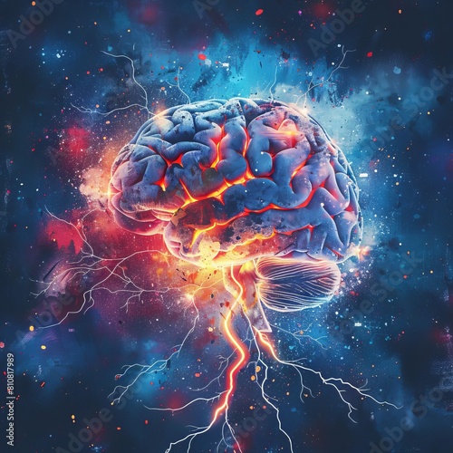 concept of brain power or neurology, graphic of brain presenting in front view with lightning effect, vintage watercolor illustration