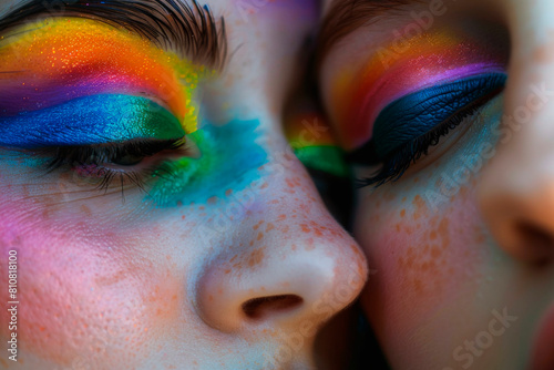 Young couple faces and eyes wearing eyeshadow makeup of lgbtq rainbow pride flag and trans pride flag