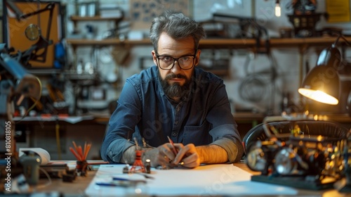Inventor in a workshop surrounded by gadgets and blueprints