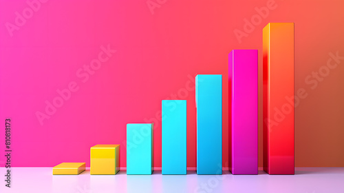 Colored growing graph on pink and orange gradient background. Profit growth and business development concept
