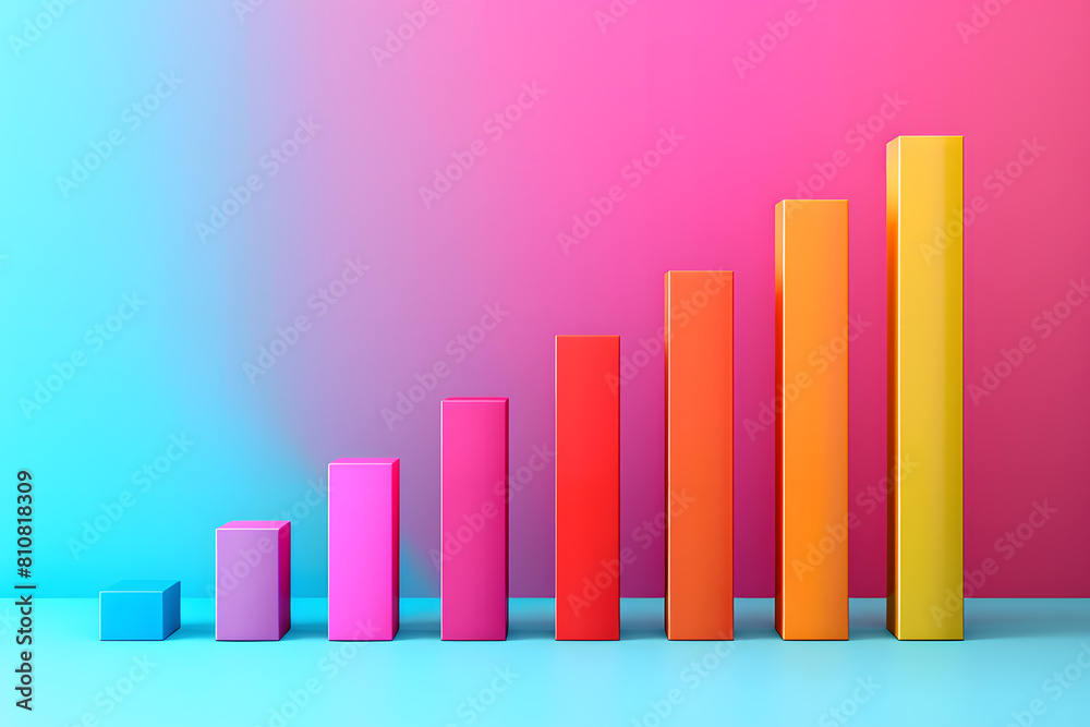 Colored growing graph on blue and pink gradient background. Profit growth and business development concept