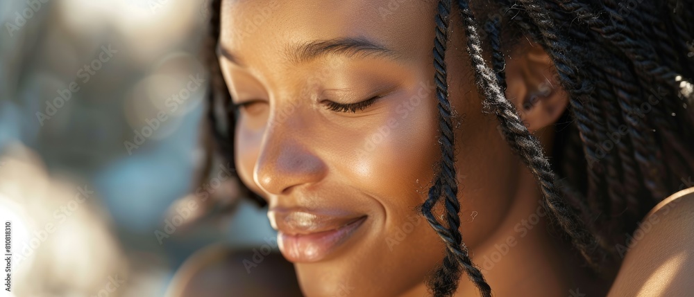 Beautiful black woman with deep brown eyes, braided hair, perfect smile. Bokeh background out of focus. Close up. Beautiful black woman with deep brown eyes, braided hair, perfect smile. Bokeh background out of focus. Close up.