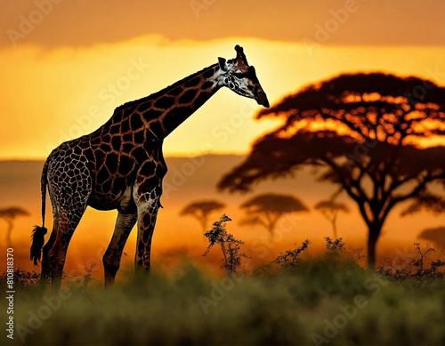  A solitary giraffe grazing peacefully on acacia leaves against the backdrop of a vibrant African sun