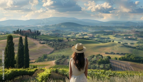 Giovane bella donna con cappello vista da dietro immersa nelle colline toscane photo