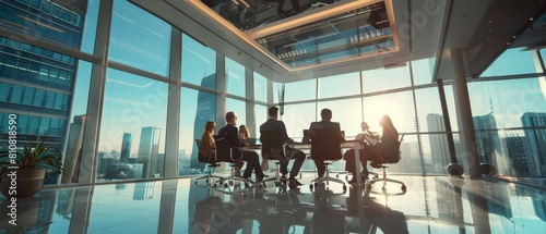 Managers in a modern big city office work on new business opportunities. A meeting of the management board takes place.