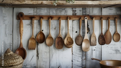 A row of artisanal wooden spoons hanging from hooks on a rustic kitchen wall, adding a touch of charm to the space