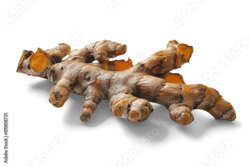 A piece of turmeric root isolated from the white or transparent background. PNG