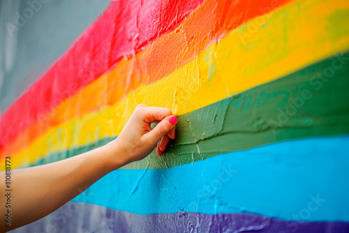 Hand rests on a wall painted in LGBTQIA pride flag colors