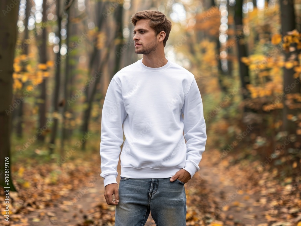 custom made wallpaper toronto digitalThoughtful young man donning a white sweater stands amongst autumn leaves in a forest setting