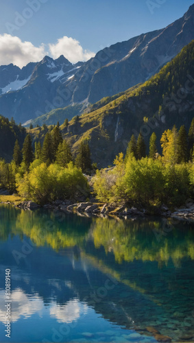 Alpine Tranquility, Serene Lake Nestled Among Majestic Mountains