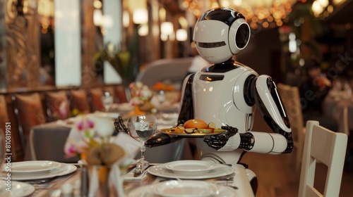 Robot AI che serve cibo in un ristorante al posto di un cameriere umano photo