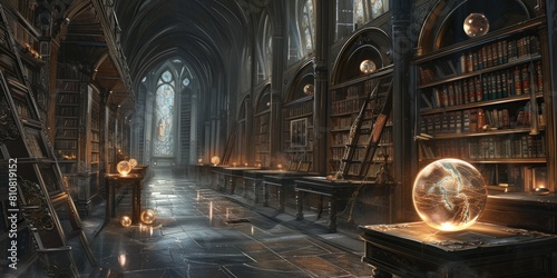 An ancient library filled with magical books  glowing orbs  and mystical artifacts. Shelves reach up to a high  vaulted ceiling  with soft light filtering through stained glass windows. Resplendent.