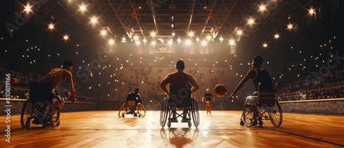 A Wheelchair Basketball Game Court showing players competing, dribbling, shooting to score goal points. Energetic wide shots of players with disabilities. photo