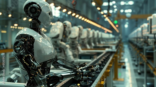 Robot umanoide sostituisce un lavoratore umano su una catena di montaggio in una industria photo