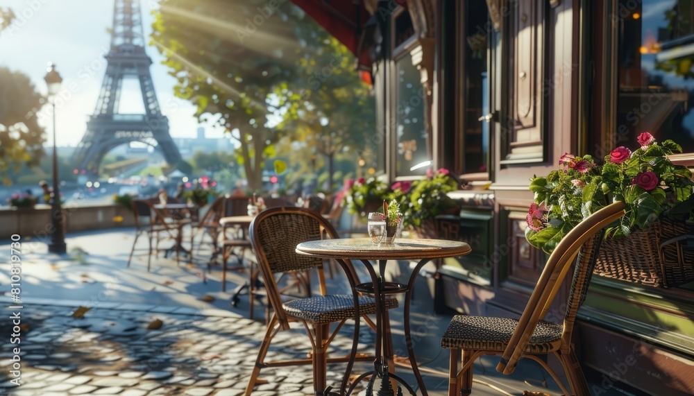 Obraz premium Tavolo all'aperto in un bar con vista sulla Torre Eiffel