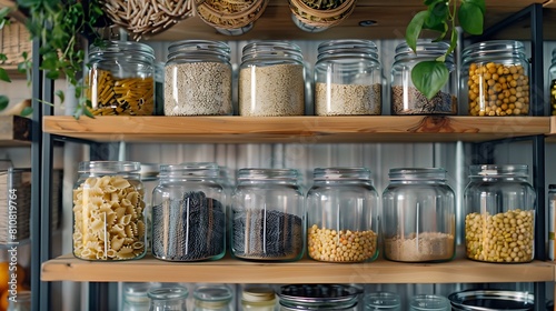 A set of elegant glass jars filled with assorted grains and pasta, organized neatly on open shelves for easy access