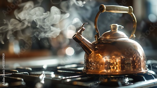 A shiny copper kettle sitting atop a gas stove, steam gently rising as it heats up for a soothing cup of tea photo