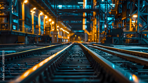 abstract light in industrial settings a yellow train travels along a metal track, with a building in the background and a bright light shining in the distance