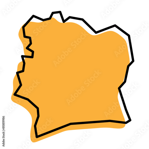 Ivory Coast country simplified map. Orange silhouette with thick black sharp contour outline isolated on white background. Simple vector icon