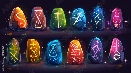 For game design, rune stones with white sacred glyphs isolated on dark background. Modern cartoon set of colored stones with shiny magic signs. photo