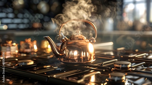 A shiny copper kettle sitting atop a gas stove, steam gently rising as it heats up for a soothing cup of tea