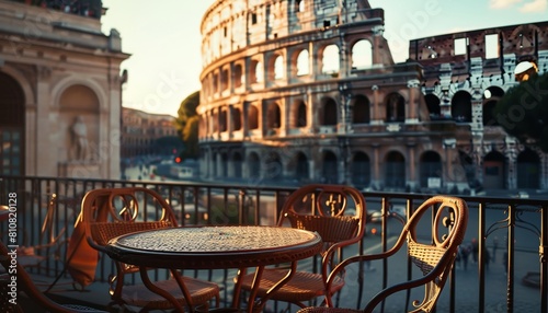 Tavolo all'aperto in un bar con vista sul Colosseo