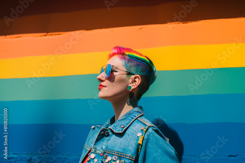 Person stands in front of wall painted in LGBTQIA pride flag colors